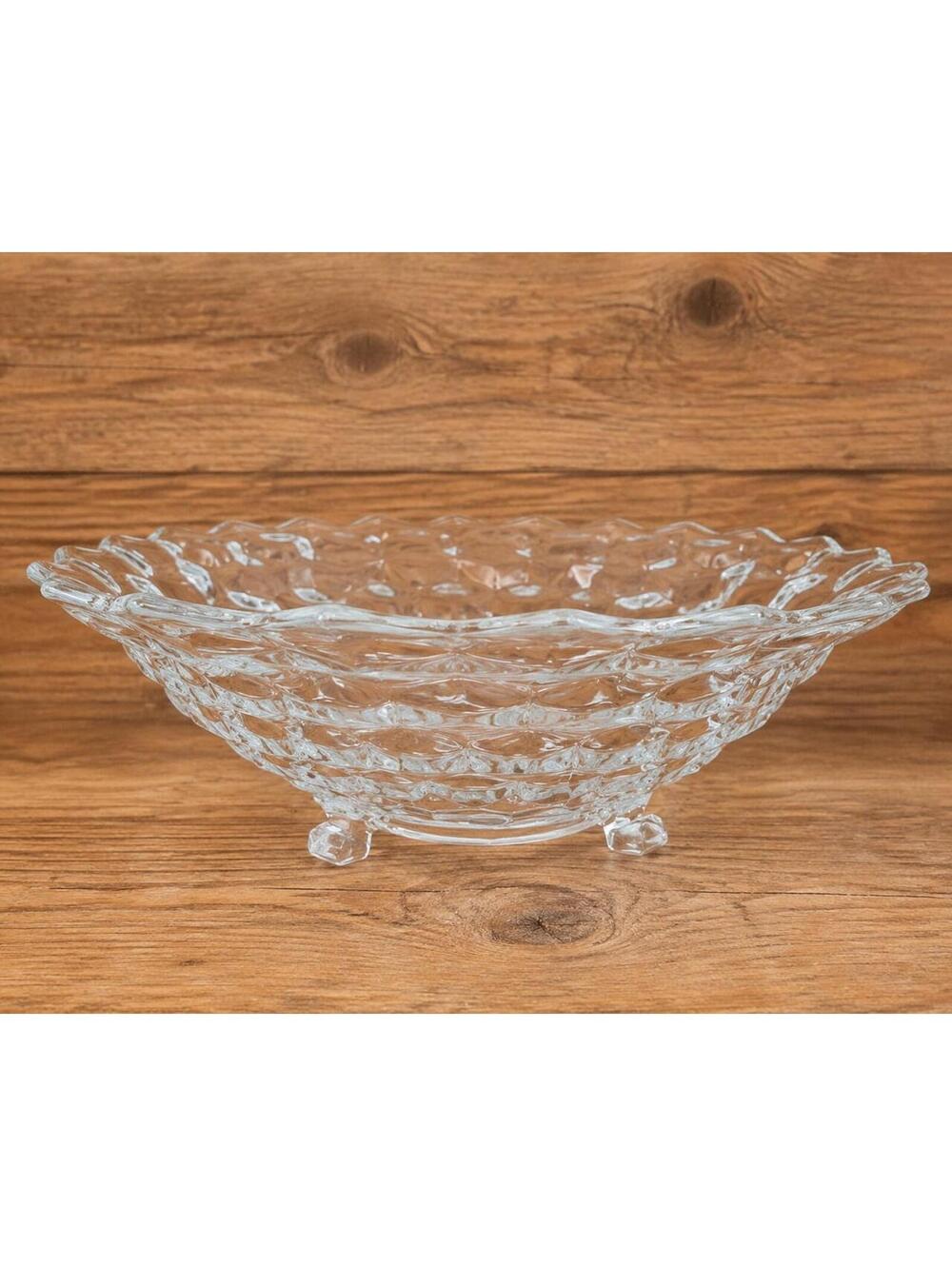 Vtg Clear Glass Footed Serving Fruit Bowl Diamond Pattern Scalloped Rim Decor